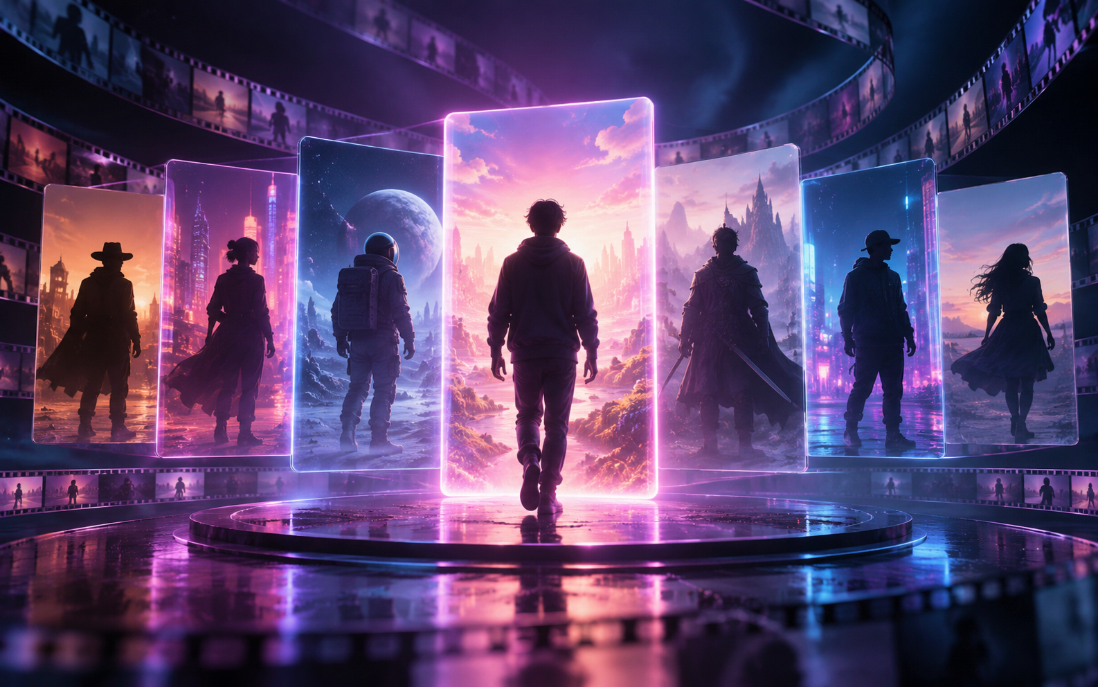 A fictional adult performer at the center of a street crowd with three glowing paths representing interactive choices