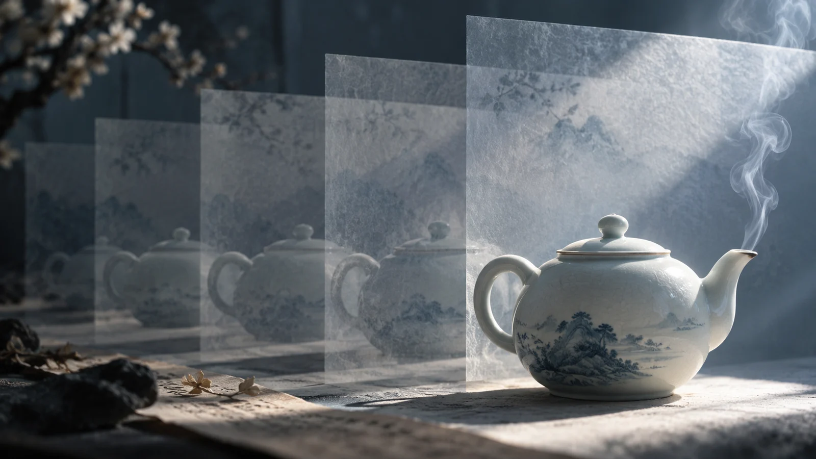 Cinematic editorial illustration: a stationary clay pot retains the same outline across overlapping translucent frames.