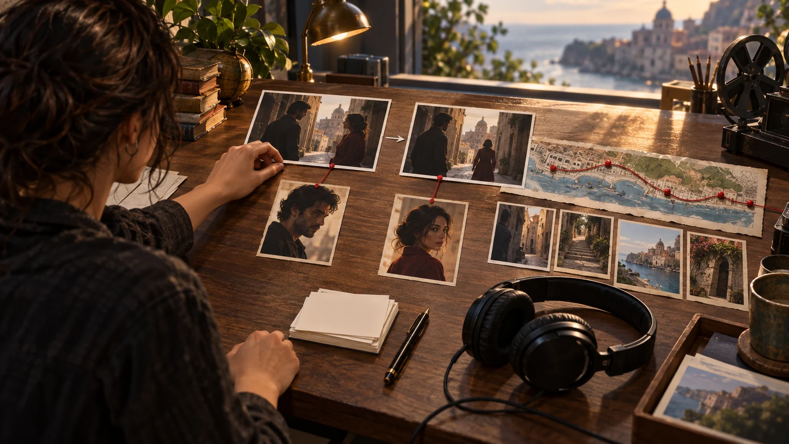 Original film-style illustration: under warm light, a localization lead hands a translator scene cards connected by branching lines. Cards depict lockers, a key hidden in a pocket and two people reuniting, showing the handoff of route context and consequences. No text; not a product screenshot.
