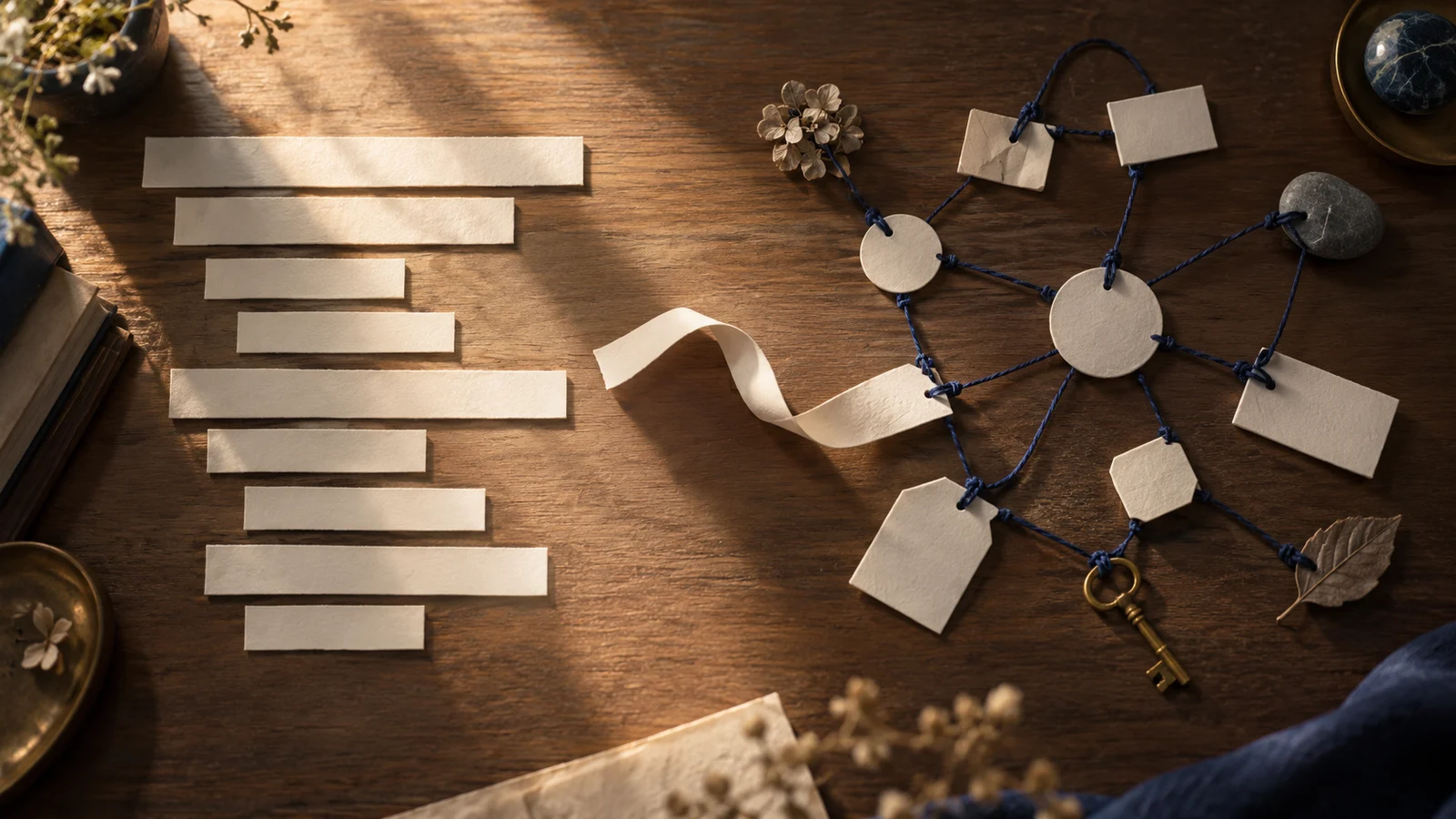 Cinematic editorial illustration, overhead view of a desk: blank paper strips arranged in clear levels on one side, objects…