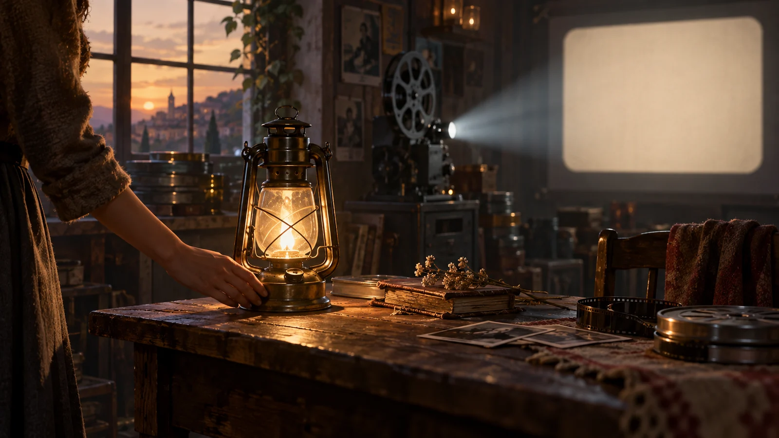 Original text-free cinematic illustration: an editor watches an ending where a character returns a scarf to an empty seat and withdraws their hand. Separate visual layers suggest a replay entry appearing later. Not a product screenshot.