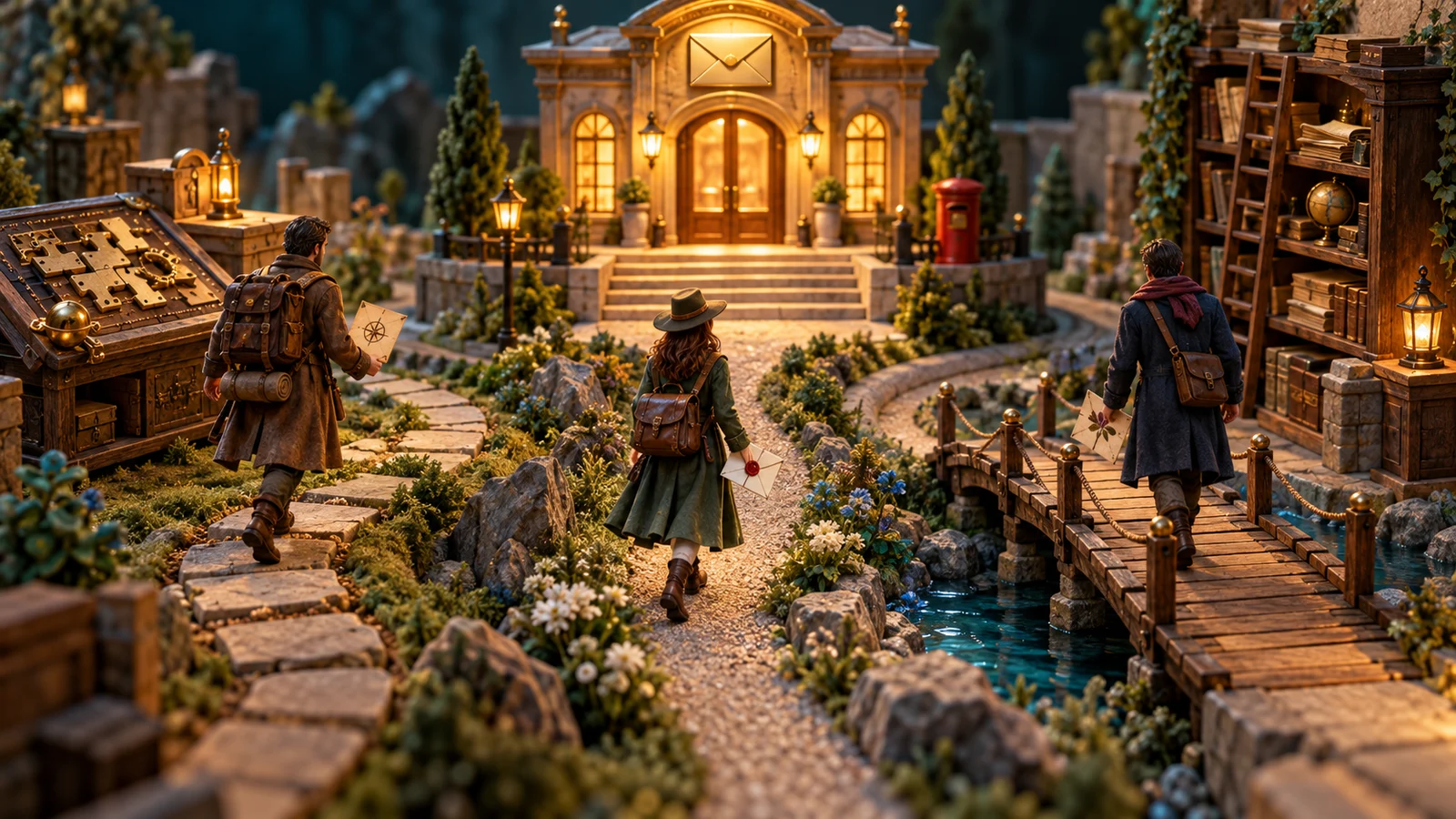 Original cinematic article illustration, no text: three miniature roads with clear scale pass a puzzle table, an old archive shelf, and a small bridge toward one warmly lit post office. Three travelers carry archive paper, a letter, and a pass. Not a product screenshot.