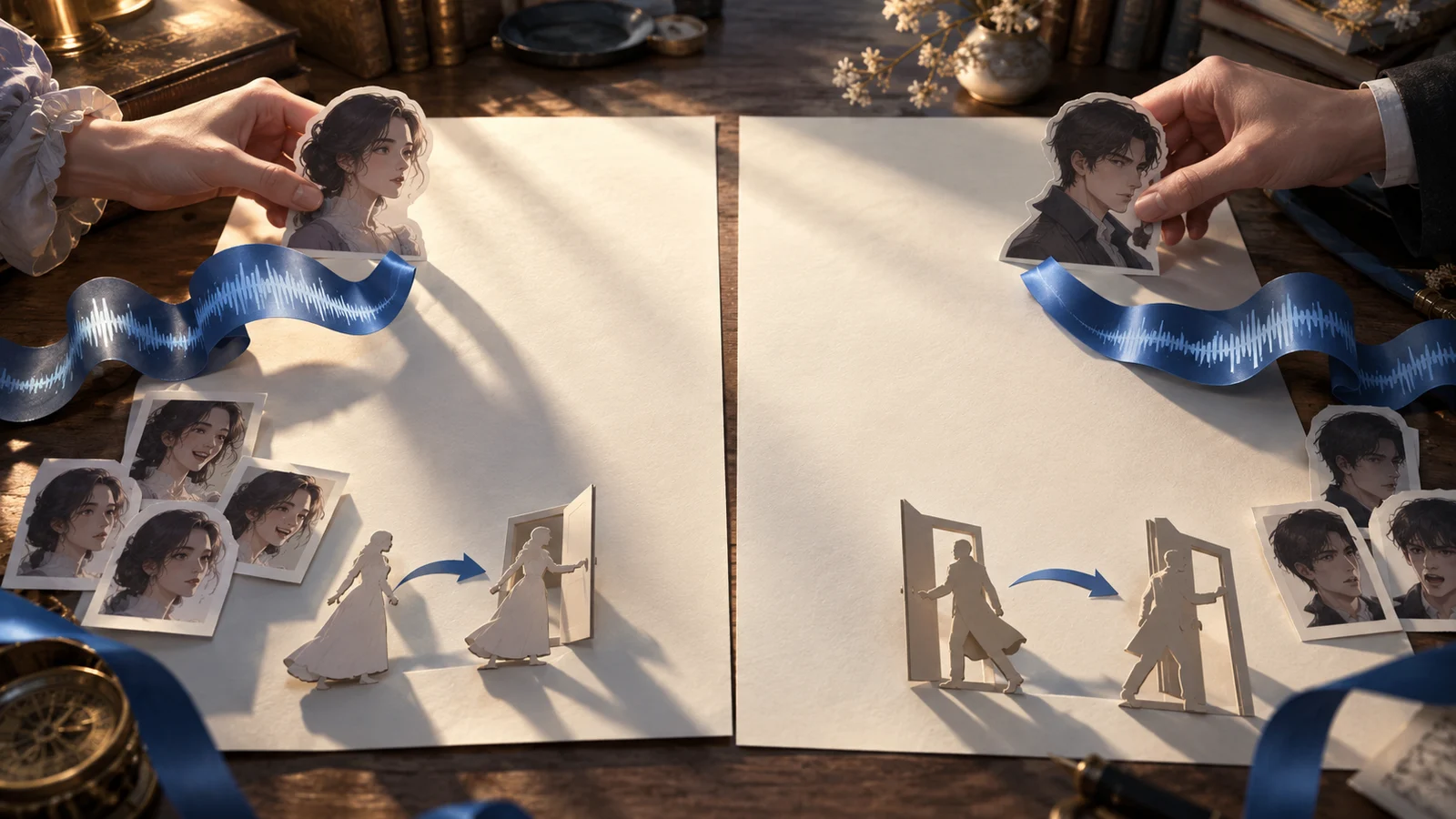 Cinematic editorial illustration: a long blank sheet is divided into two adjacent pages.