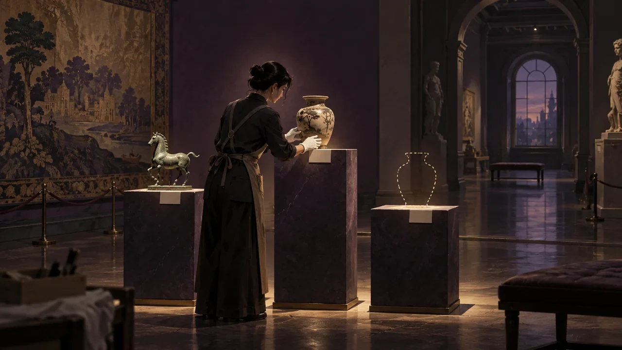 A museum curator chooses among display platform heights, visitor sightlines, and exhibit context.