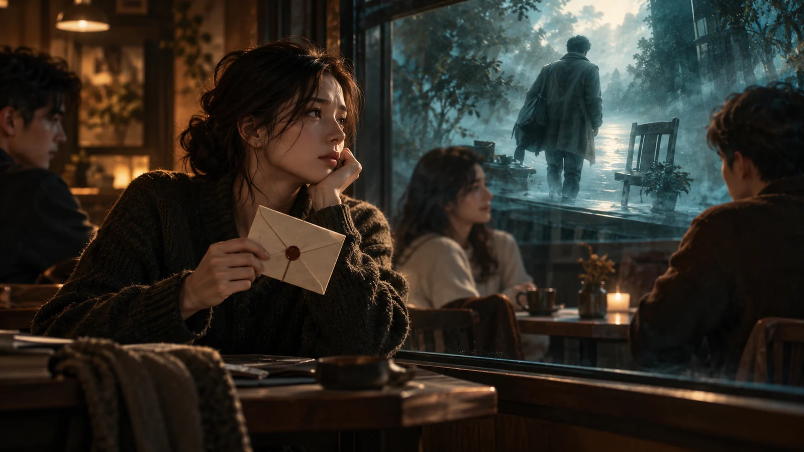 영화적인 분위기의 에디토리얼 일러스트. 성인 주인공이 뜯지 않은 오래된 편지를 쥐고 있다. 유리 너머 흐릿한 공간에는 동료가 자리를 떠나는 상상이 비치지만, 현실의 테이블 자리에는 여전히 사람이 앉아 있다.