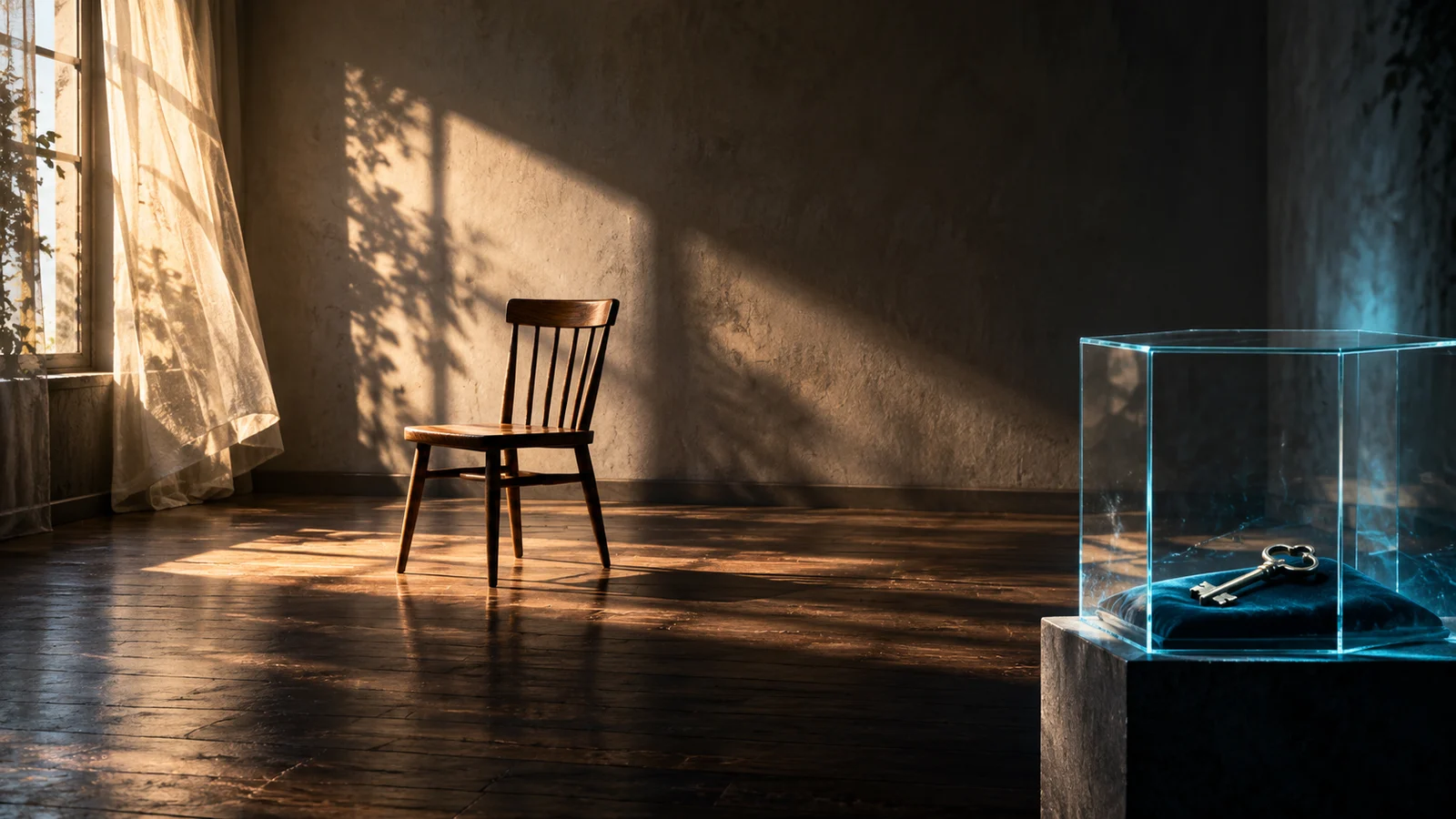 Cinematic editorial illustration: a physical, otherwise empty room contains only one chair, while a separate transparent…