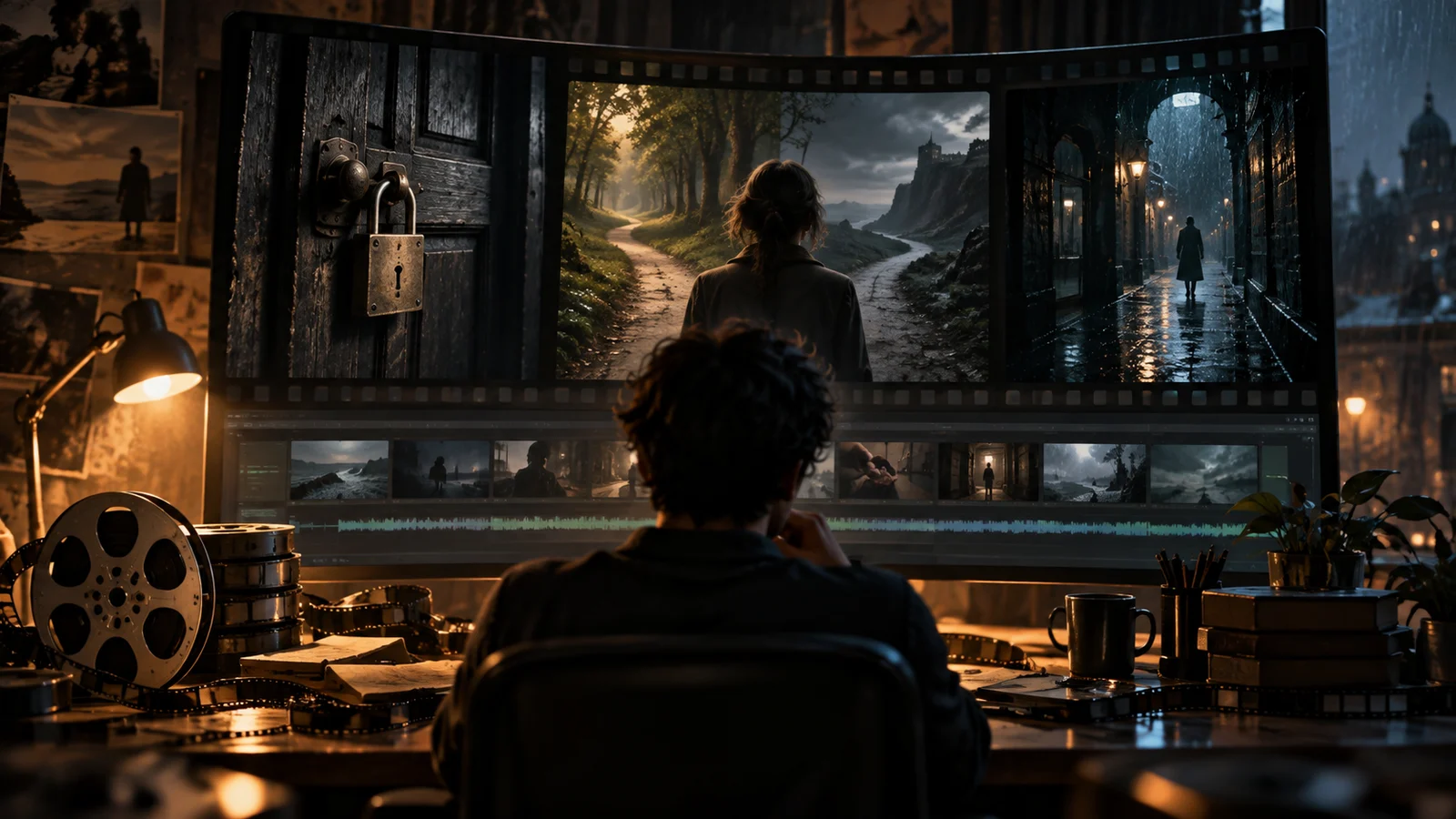 Original text-free cinematic illustration: a distribution editor in a dim editing room arranges shot cards of a rainy theater, an original tape and a reaching hand. Action cards sit under a lamp; cards implying route outcomes are grouped in shadow. Not a product screenshot.