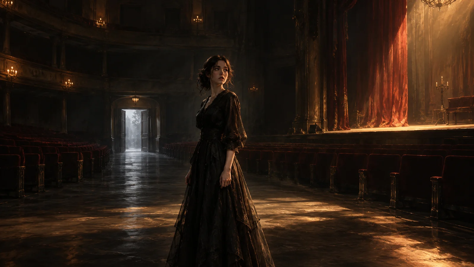 Cinematic editorial illustration: a lone figure stands in the center of a dim, empty theater, fingers slightly tightened…