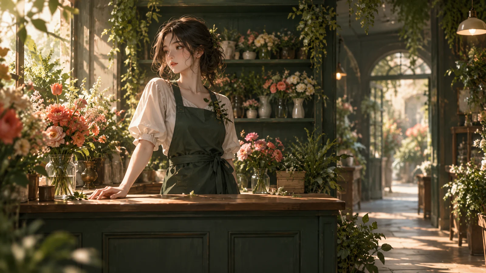 Cinematic editorial illustration of a flower shop: the counter, character, and rear flower shelves form layers of depth…