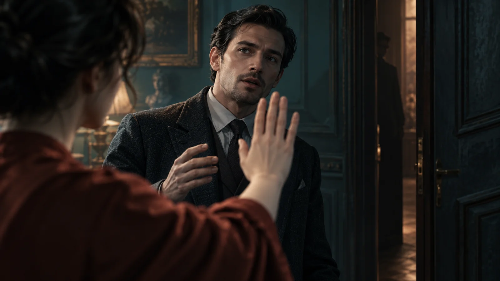 A cinematic editorial illustration: an adult caretaker is about to continue speaking as a foreground figure raises a hand to interrupt.