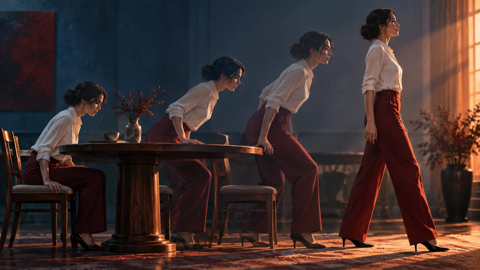Cinematic editorial illustration: successive poses of an adult character rising from a wooden chair overlap within one composition.