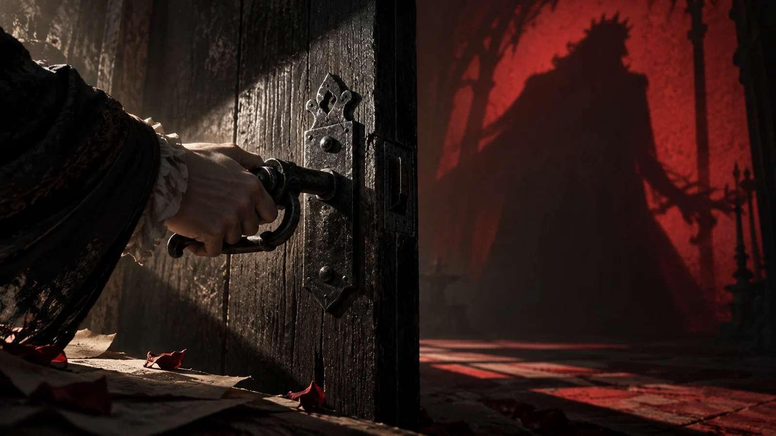 Cinematic editorial illustration: a character holds a bolt already removed from a door, while an enormous shadow behind the…
