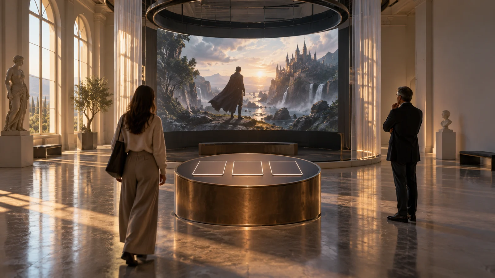 Original cinematic illustration: in a dim fictional gallery, a curator positions a screen, entry-information board and choice card. One visitor enters through the doorway while another holds the card and watches a story about film reels. No text; not a product screenshot.