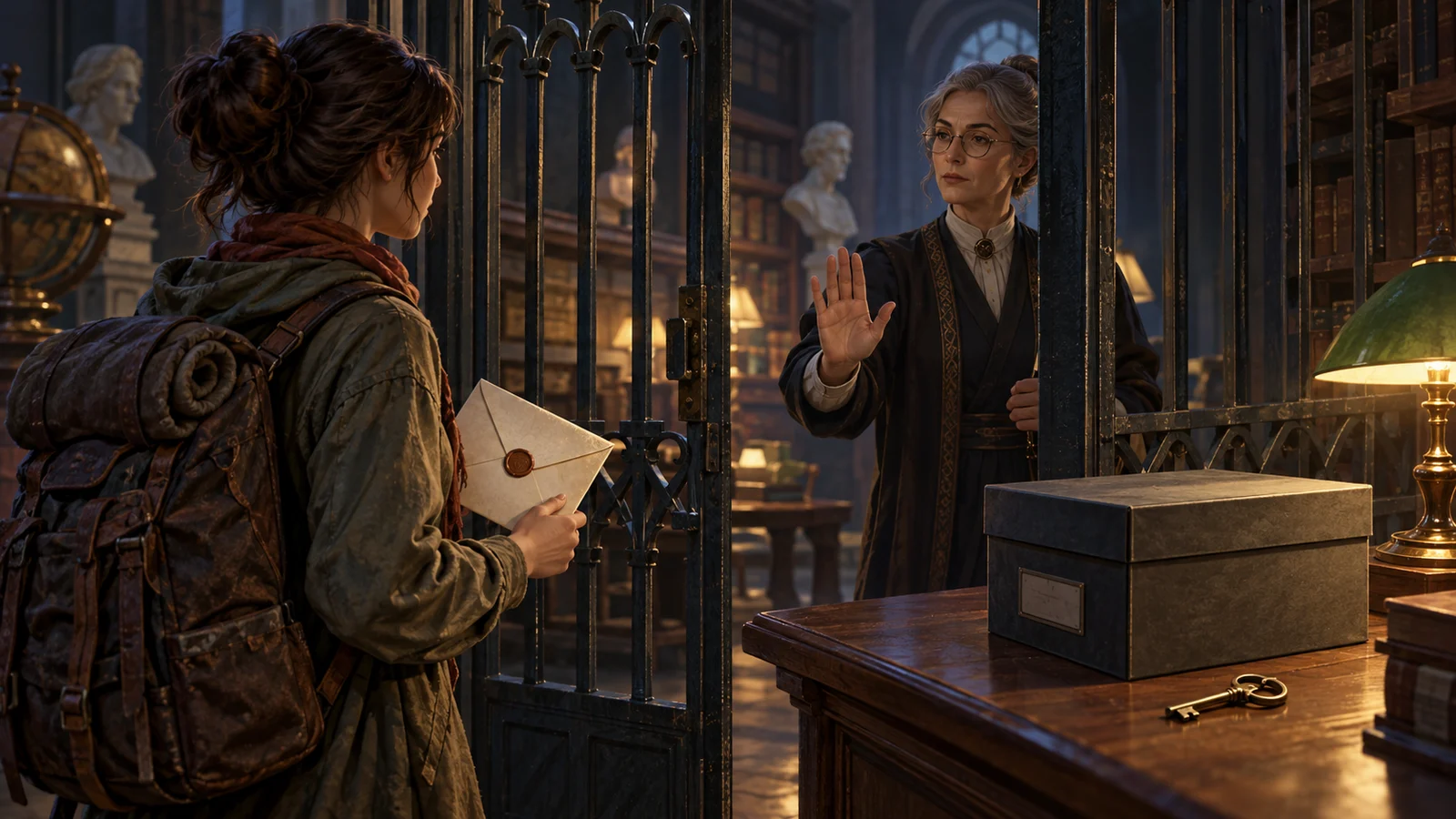 Original text-free cinematic illustration: in an archive reading room, a traveler holds a letter before a half-open barred gate. A calm librarian indicates access conditions; a key and opaque evidence box suggest known limits and unknown information. No danger or frightening elements.