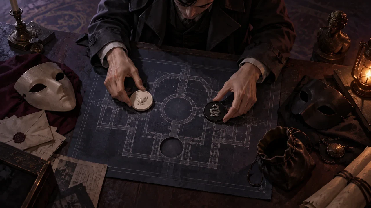 A double agent places two incompatible mission tokens on a shadowed vault blueprint while a third empty pocket suggests the cost of disclosure, tense overhead shot.