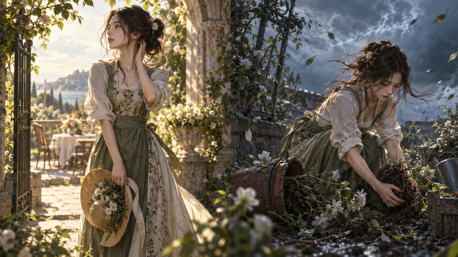 Cinematic editorial illustration: the same adult gardener appears in juxtaposed courtyard scenes, preparing to leave for an…