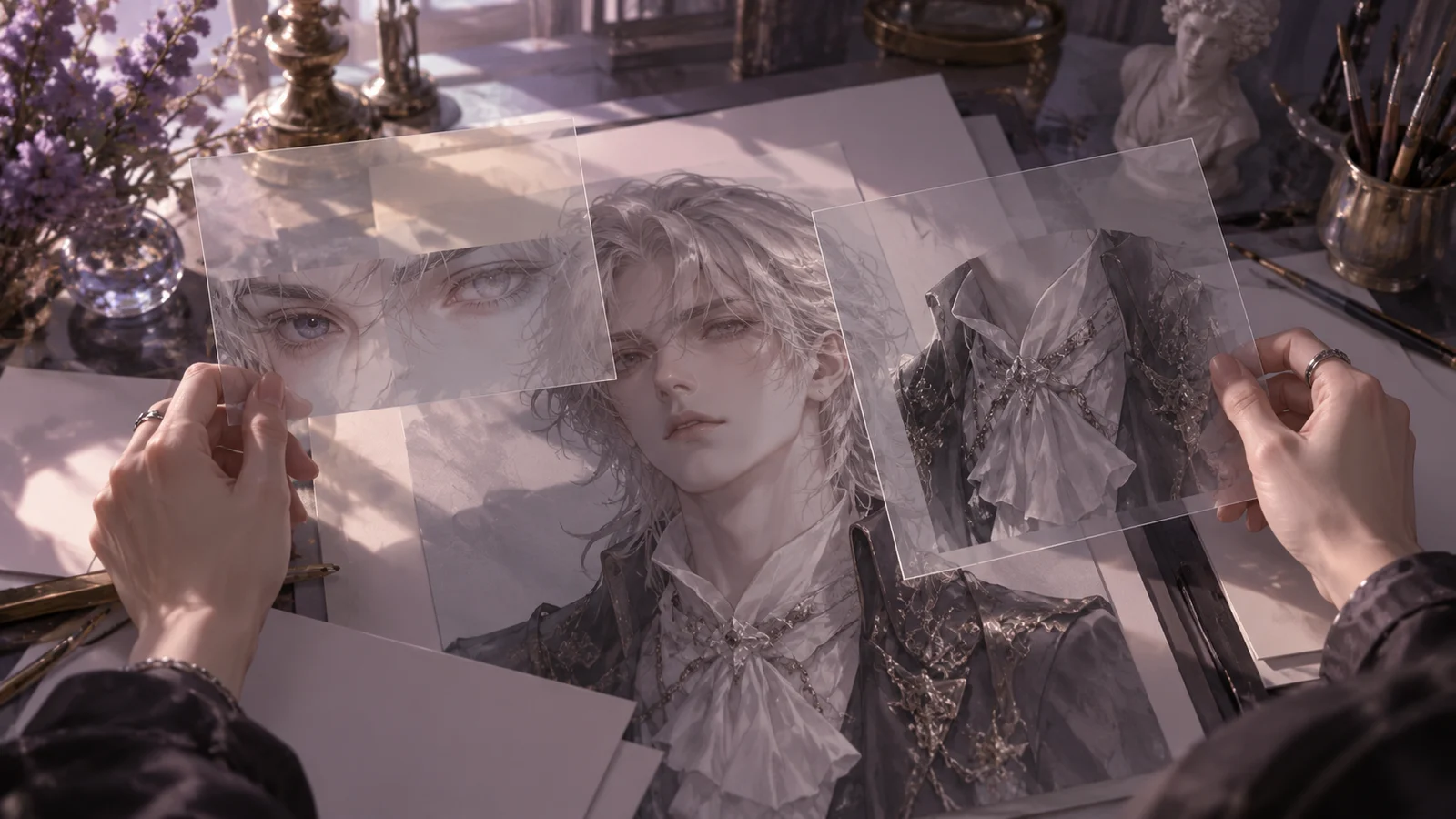 Cinematic editorial illustration: two sets of transparent drawing layers of the same character on a workbench emphasize the…