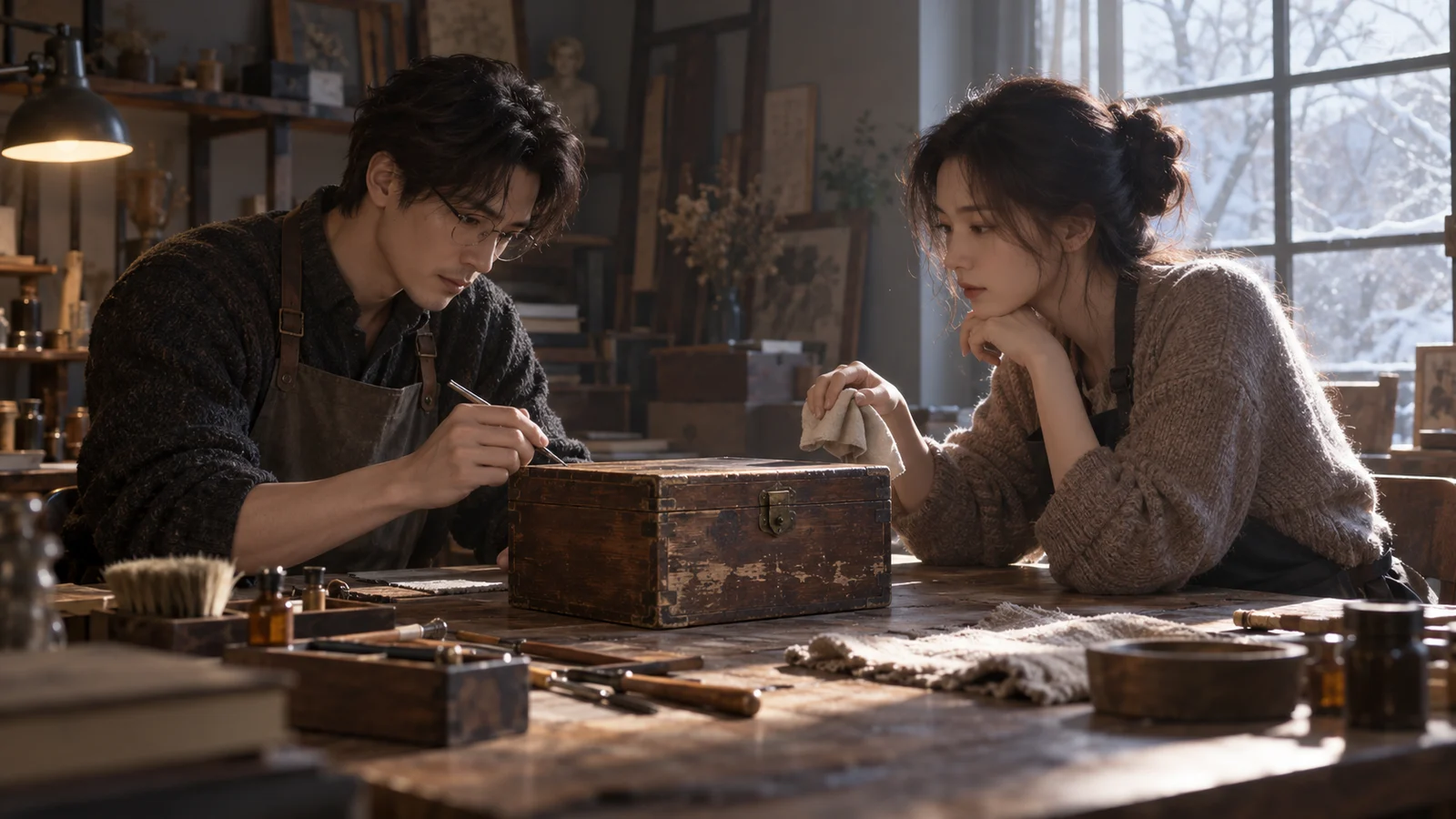 Cinematic editorial illustration: in a workshop for restoring old objects, two adult characters study a worn wooden box…