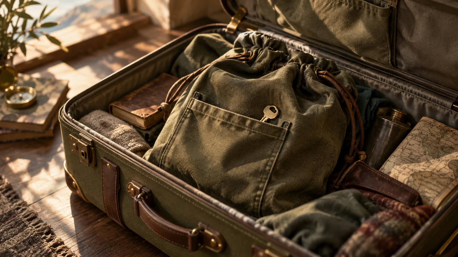 Cinematic editorial illustration: a cloth bag sits inside an open suitcase, with one corner of a key showing from the bag’s…