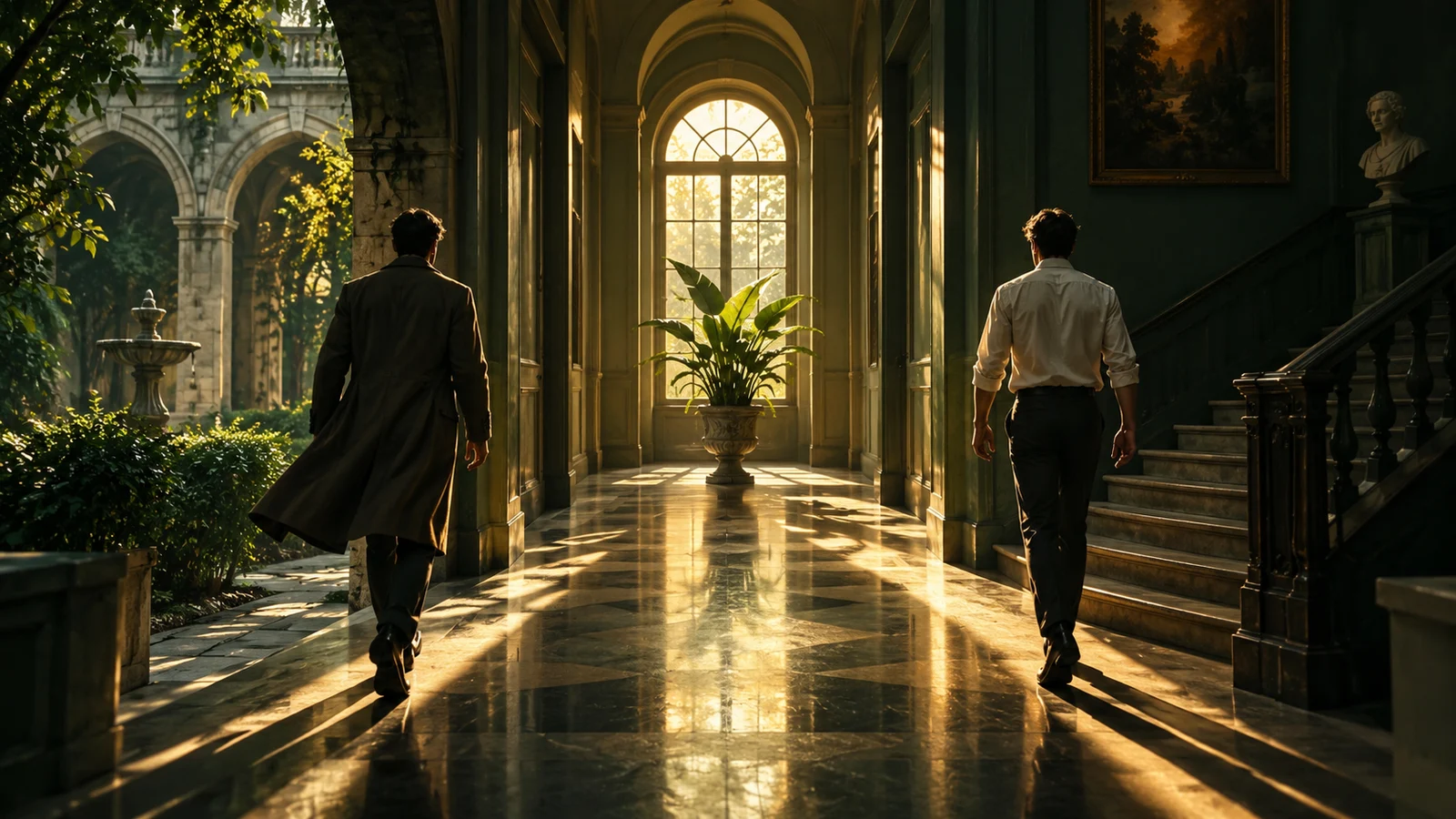 Cinematic editorial illustration: two walking silhouettes of the same adult character enter a bright corridor from a…