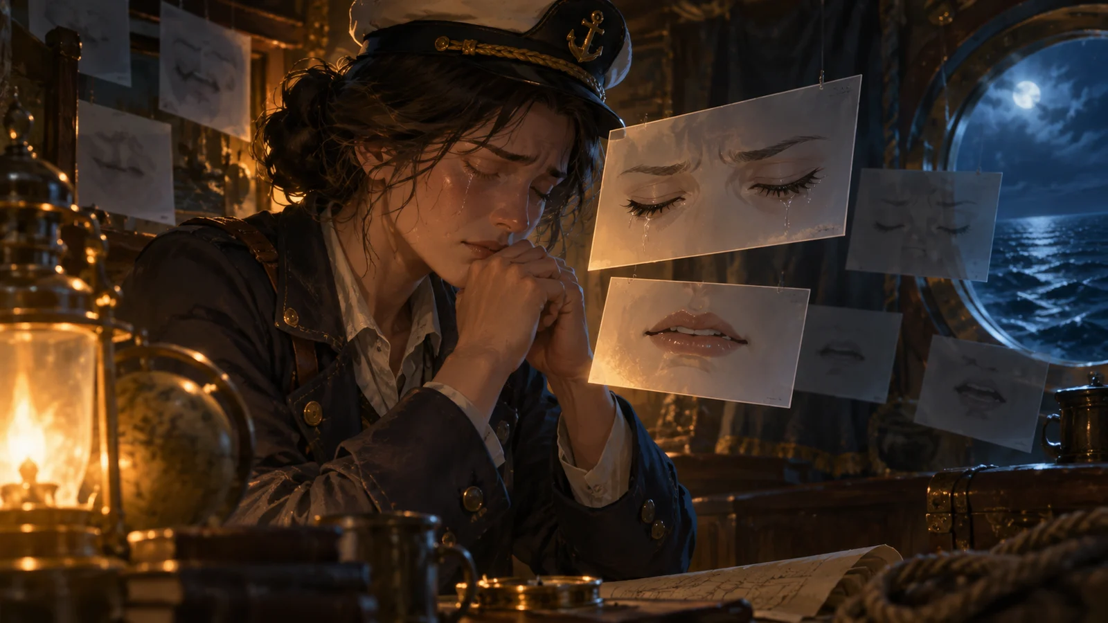 映画的な雰囲気のエディトリアルイラスト。暖かな船室の明かりの下で、船員が目を閉じて涙をこらえている。手前には目と口を描いた薄いレイヤーが浮かび、特殊表情は鮮明で欠けることなく保たれ、ほかの動作のレイヤーは暗がりへ退いている。