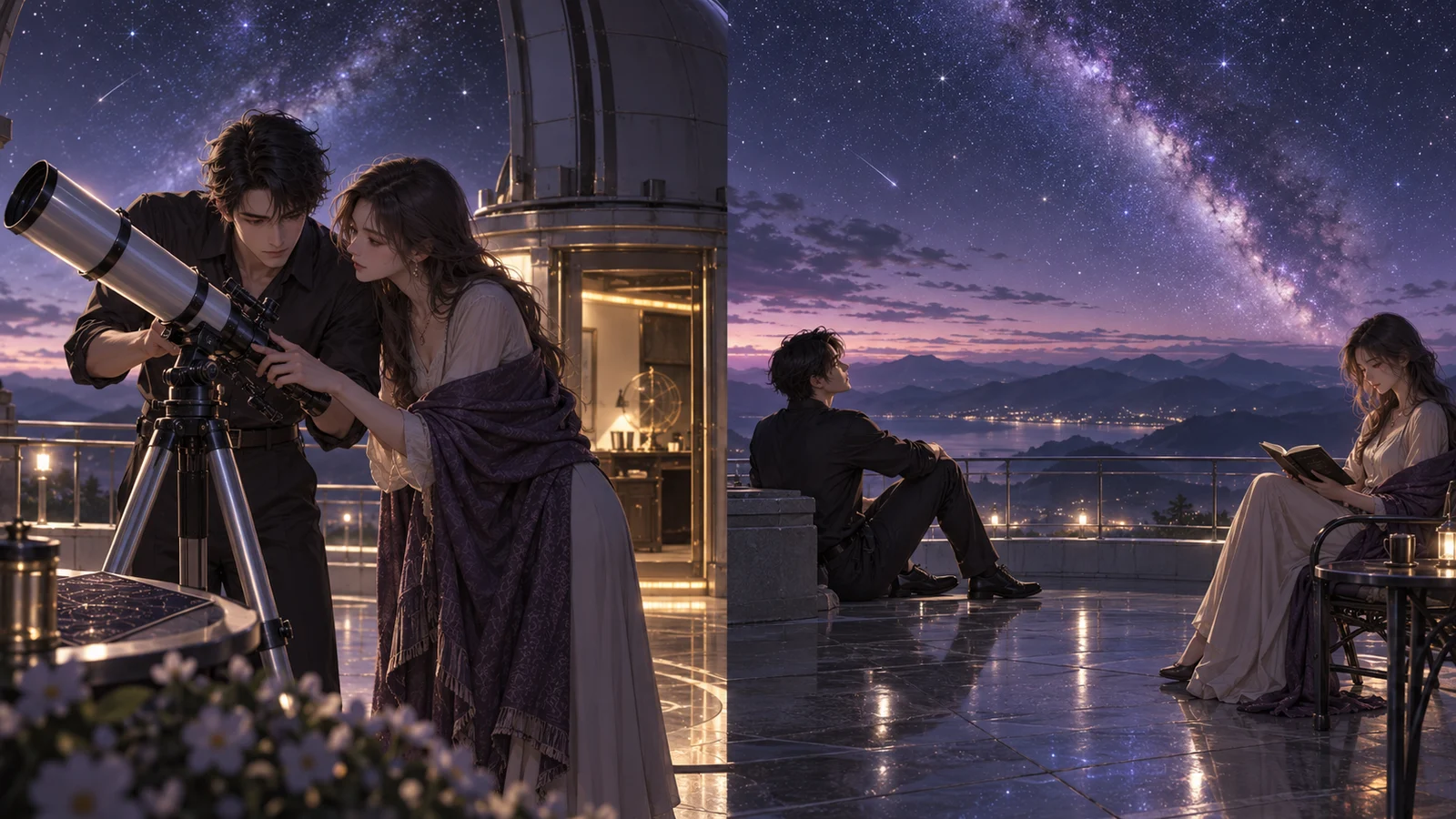 映画的な雰囲気のエディトリアルイラスト。同じ星空観察デッキが柔らかく二つの状況に分かれ、一方では二人の成人キャラクターが一緒に望遠鏡を調整し、もう一方では成人キャラクターがそれぞれ別の活動をしている。空は同じでも、共有する経験は異なる。