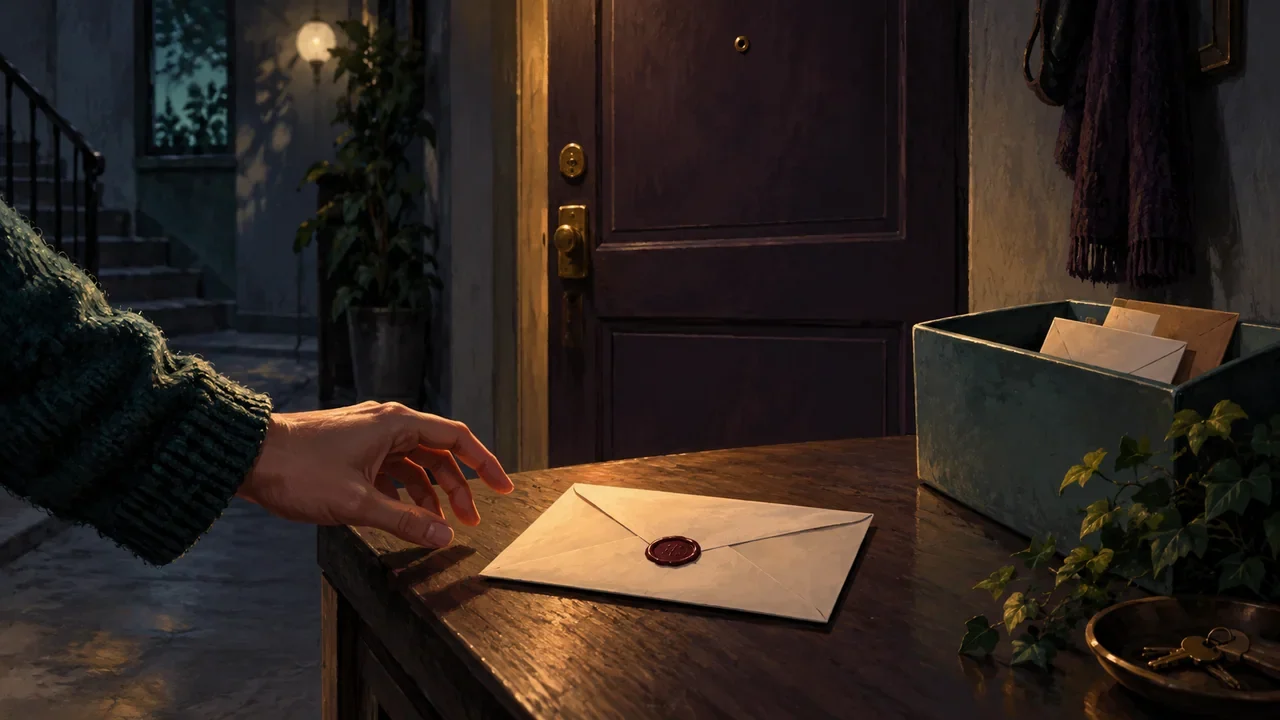 A sealed letter waits between a resident's hand, a neighbor's door, and a return box.