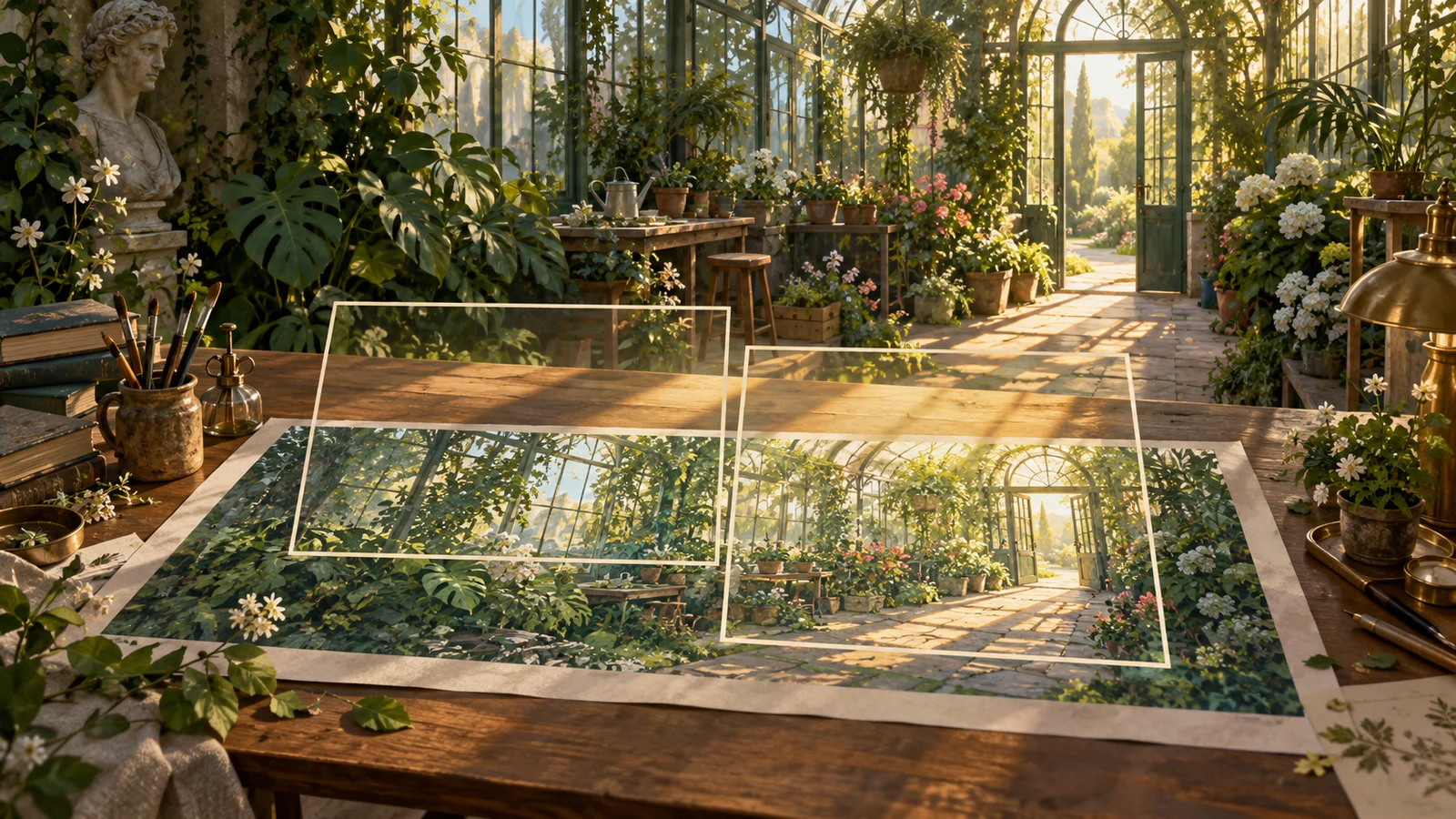 Cinematic editorial illustration: a wide greenhouse background painting lies across a table, with a workbench leading…