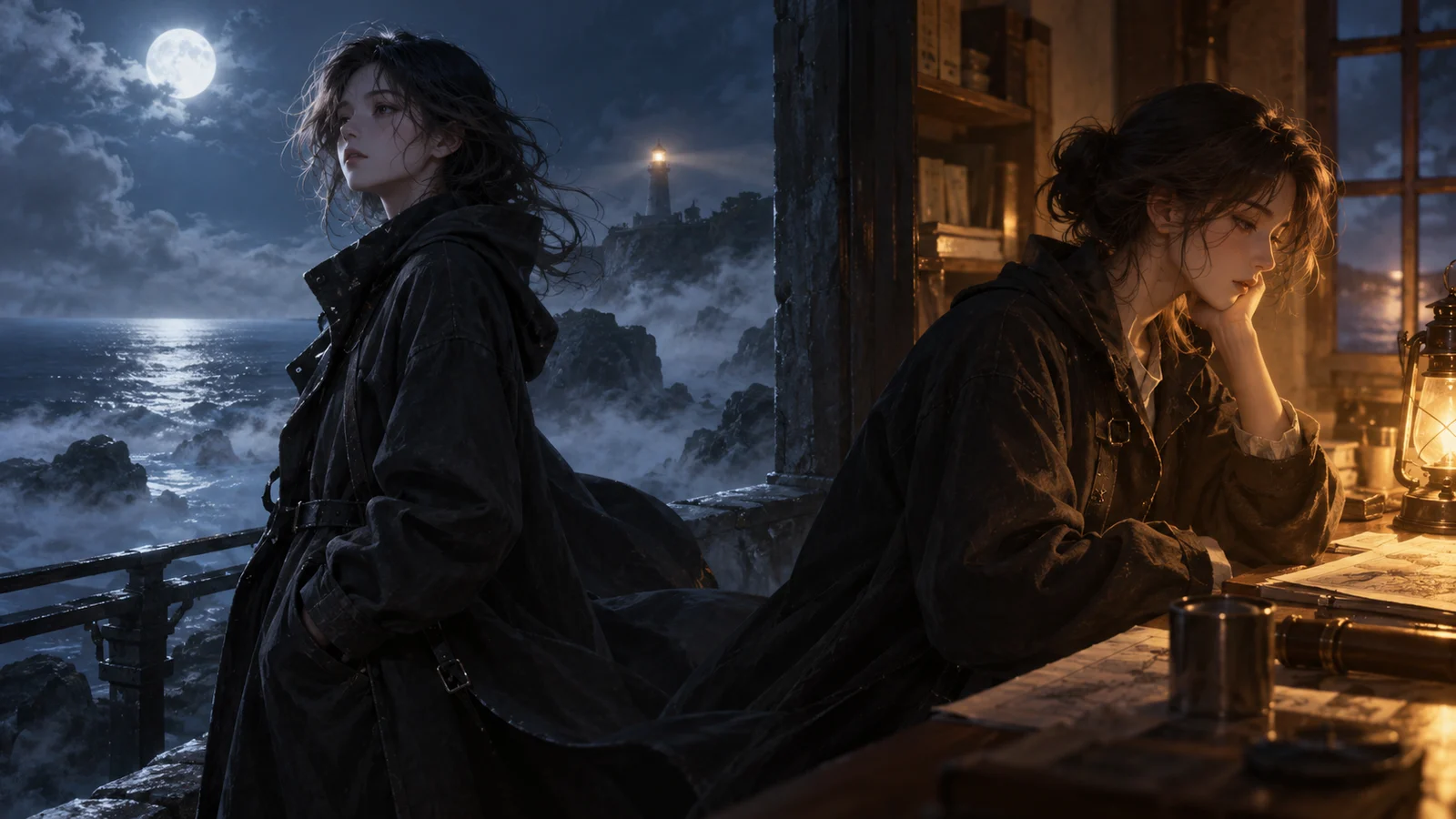 Cinematic editorial illustration: a lighthouse keeper in the same dark coat spans two areas, one moonlit and one lit by a…