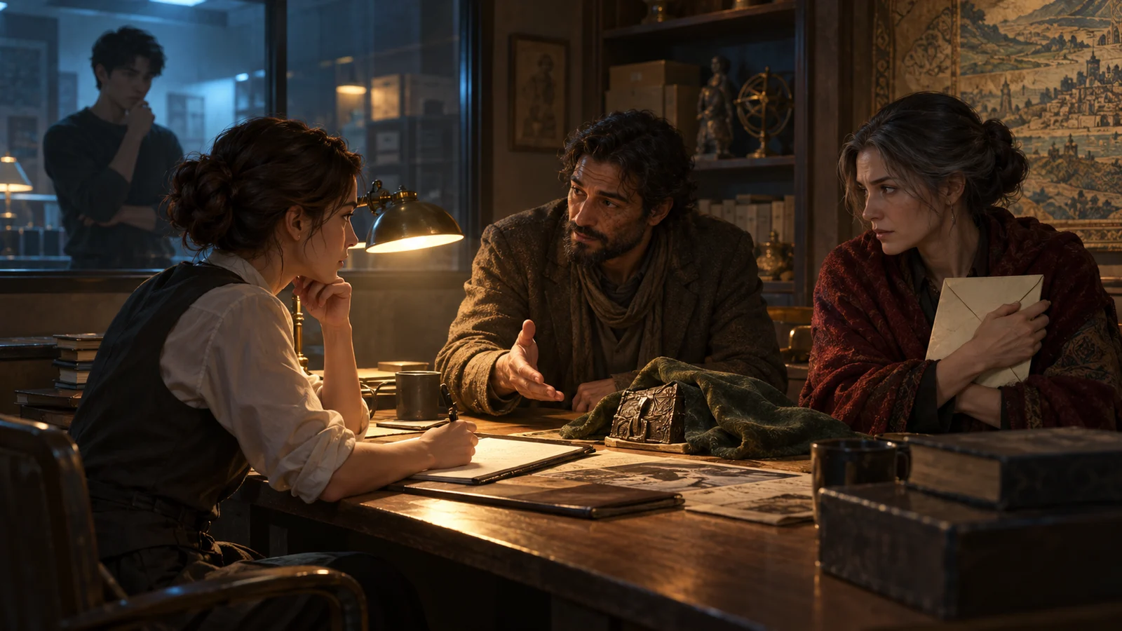 Original cinematic illustration without text: an investigator and two witnesses sit apart at an archive-room table; a young observer stands outside translucent glass. An envelope and partly obscured evidence suggest known and unknown information. No supernatural abilities; not a product screenshot.