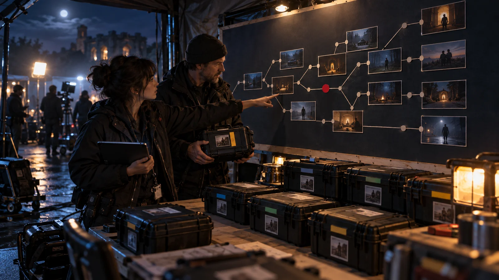 Original cinematic article illustration: after a night shoot, a media manager and script supervisor compare camera-card cases with a wall-sized branch board. One red marker identifies a missing path. No text; not a product screenshot.