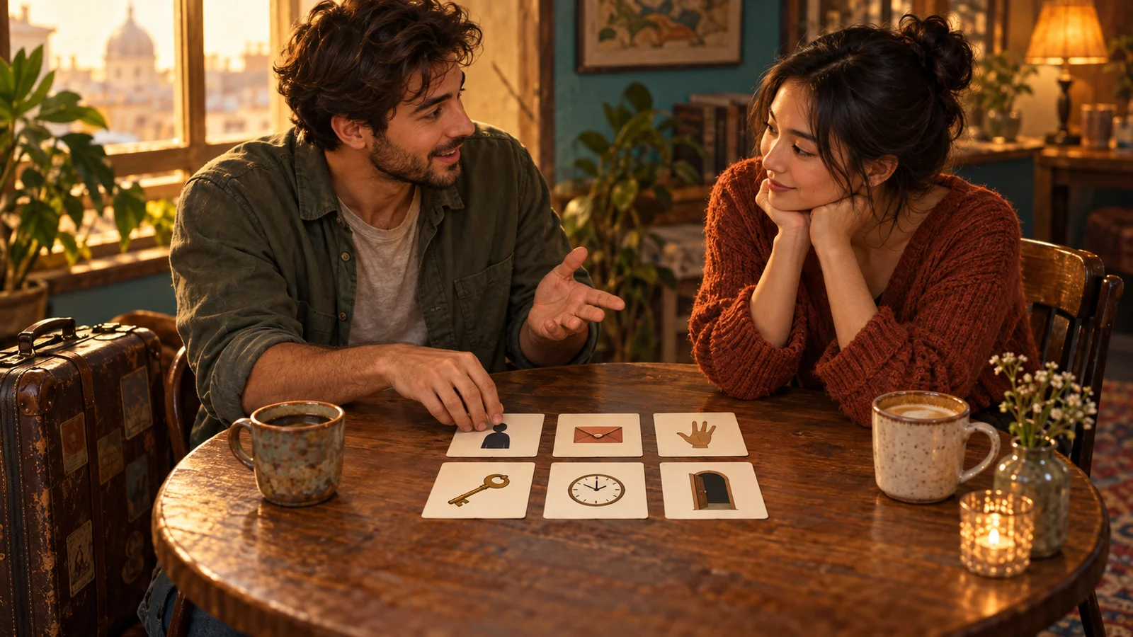 Original warm, text-free cinematic illustration: two friends talk face to face. One shows six small cards depicting a person, letter, hand, key, clock and door; the other listens attentively. A suitcase sits by the table, suggesting a conversation about play. Not a product screenshot.