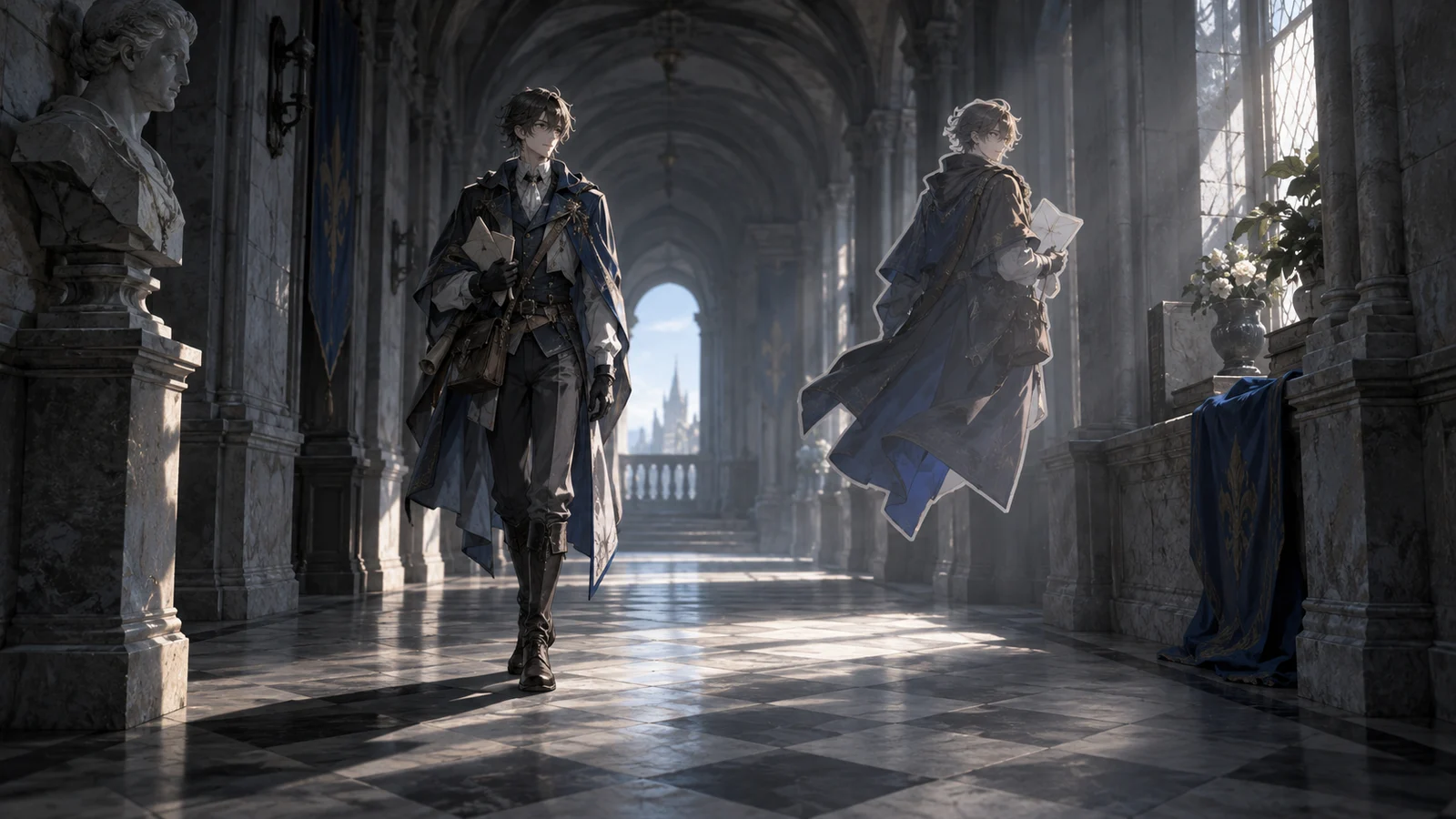 Cinematic editorial illustration: diagonally laid floor tiles at the far end of a long corridor.