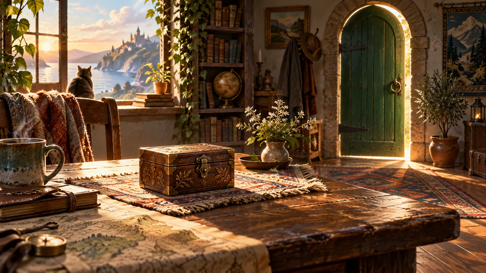 Original cinematic article illustration: at an editing desk, a creator compares continuous images of a letter handover at a pier, a withdrawn ticket, and boarding, choosing a demo ending that shows the decision’s consequences. No text; not a product screenshot.