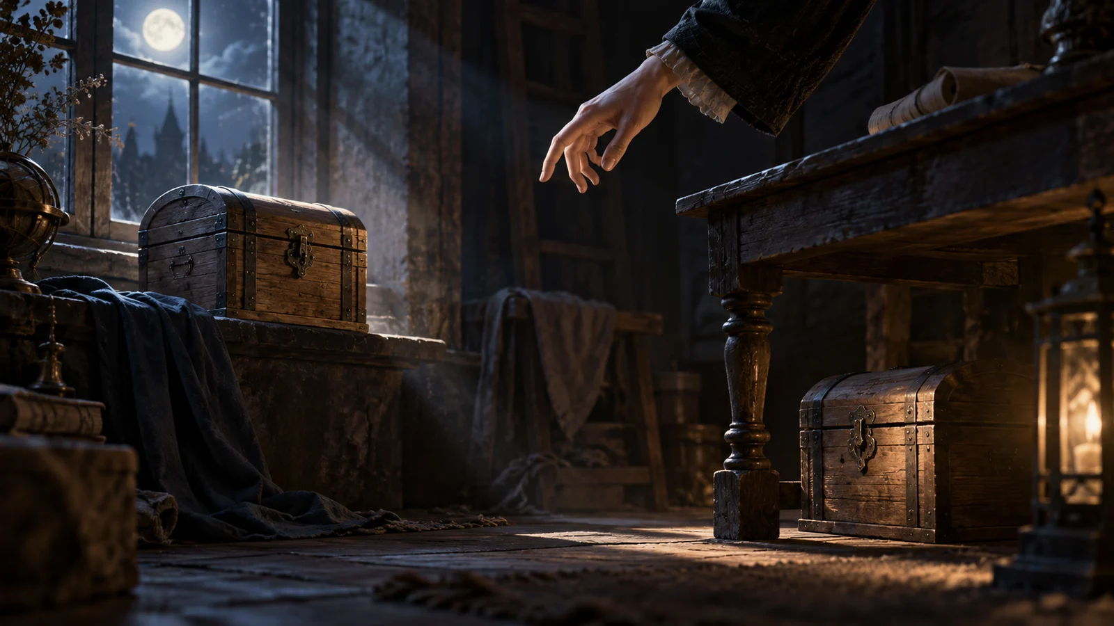 Cinematic editorial illustration: in a dim storeroom, two similar wooden boxes sit by a window and under a table.