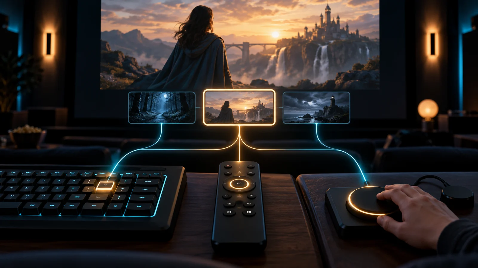 Original cover illustration of a keyboard, television remote, and adaptive switch linked by glowing paths to the same…