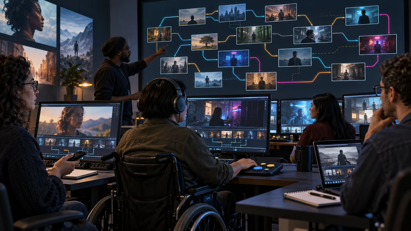 Original cover illustration of a diverse QA team tracing branching film routes with keyboards, remotes, headphones, and…