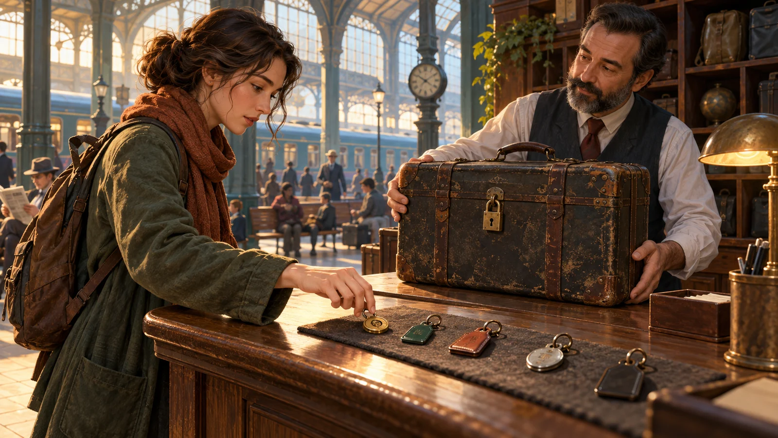Original text-free cinematic illustration: a young traveler selects a key tag at a station lost-property counter as an attendant turns a locked old suitcase toward her. A waiting hall is visible behind them; physical actions suggest choices, limits and responses. Not a product screenshot.