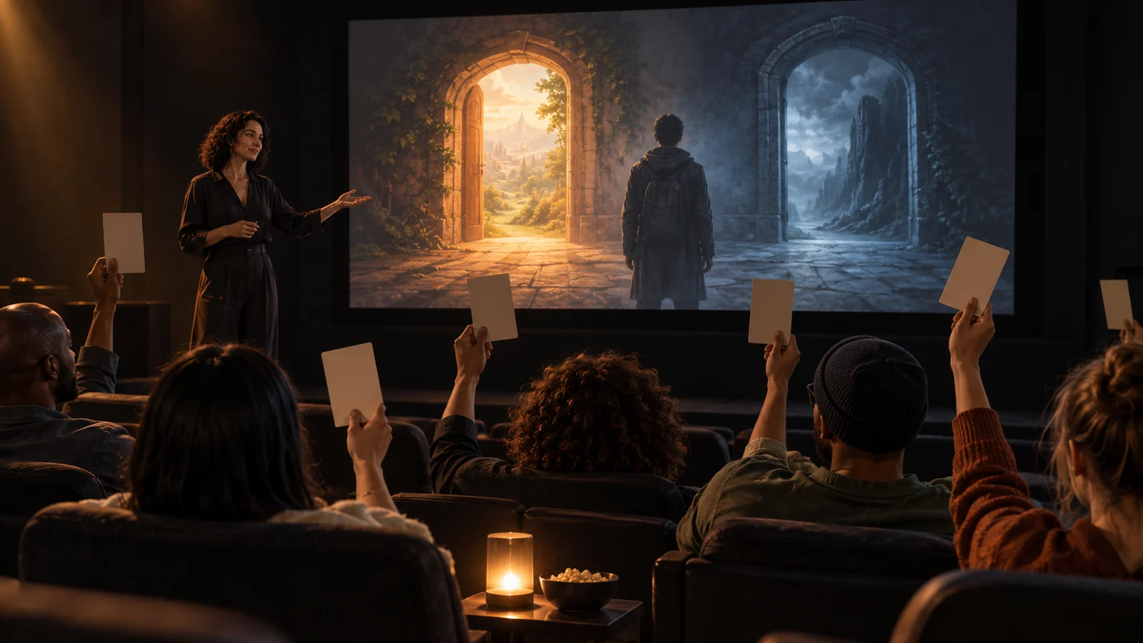 Original cinematic article illustration: in a dim small screening room, a host beside the screen organizes a shared audience choice. A counter sorts paper ballots at a table while seated viewers watch the host. No text; not a product screenshot.