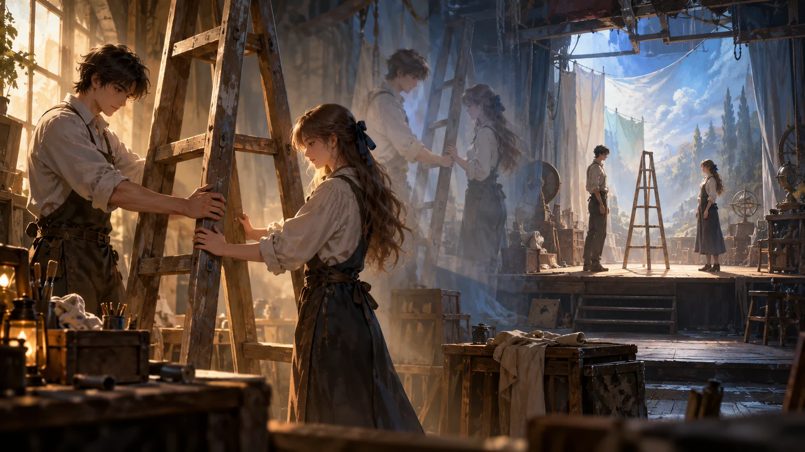 Cinematic editorial illustration: a fully rendered foreground scene shows two people holding a wooden ladder; farther back,…