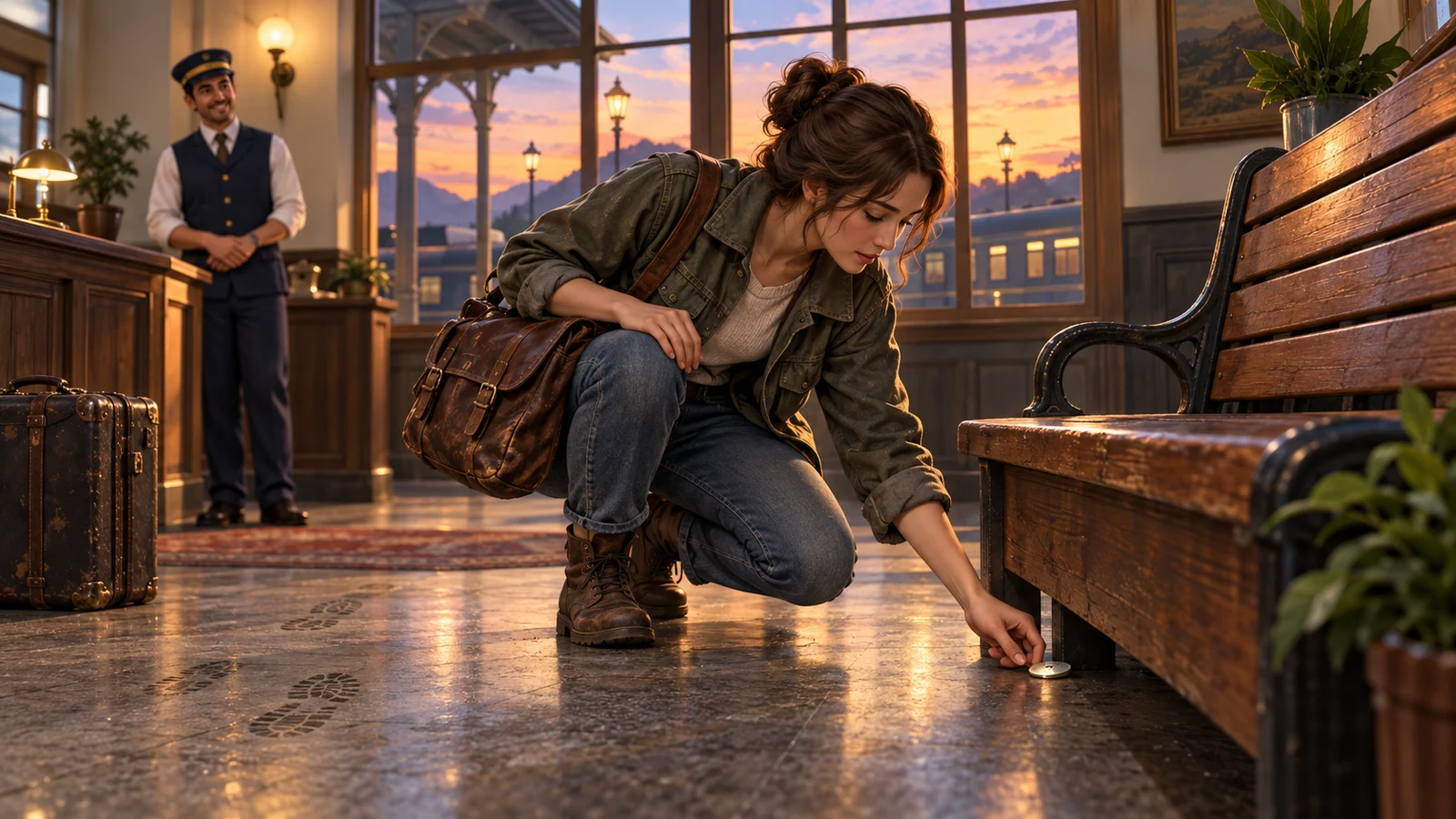 Original cinematic illustration without text: at dusk in a station waiting area, a young traveller bends to inspect a partly visible boarding pass under a bench. A distant staff member, an old travel bag, window light and footprints suggest the next action. Not a product screenshot.