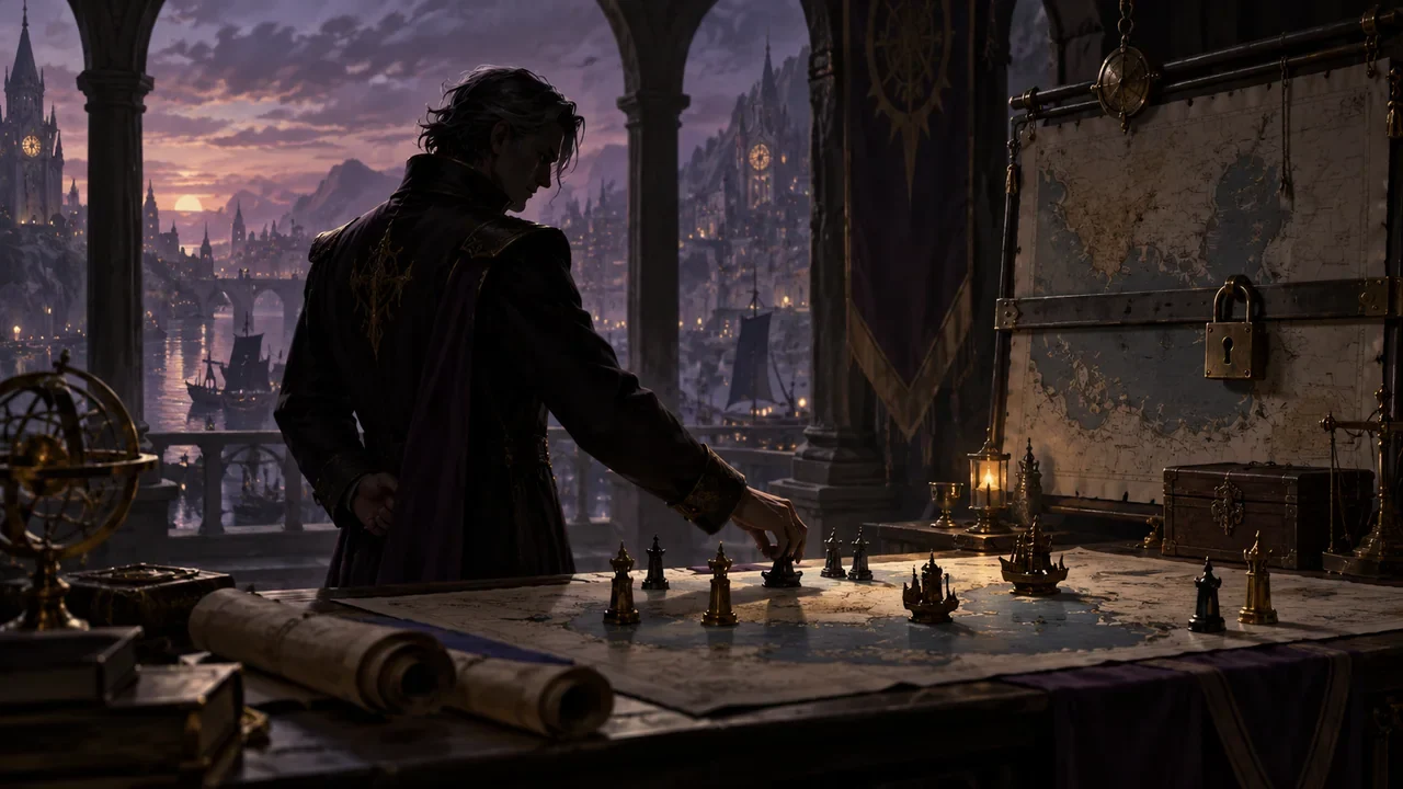 A villain calmly places chips beside a locked harbor chart.