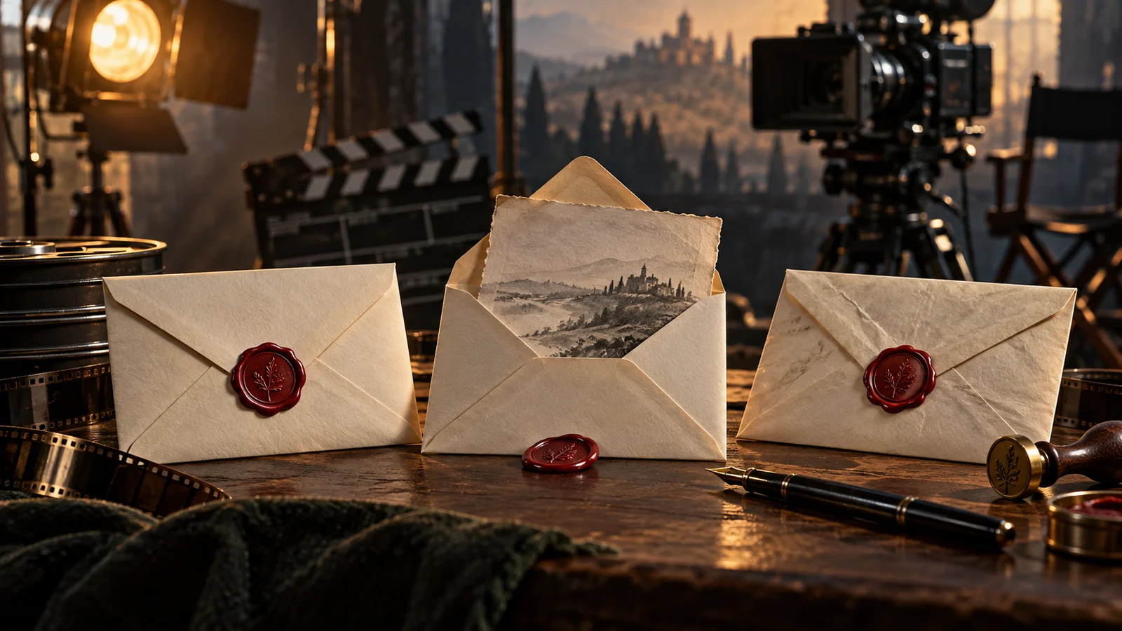 Original cinematic editorial illustration: a continuity supervisor checks three off-white envelopes on a side-lit workbench—one unopened, one with its flap open and one resealed with paper tape. Letter paper and reference photos lie nearby. No text and no product screenshot.