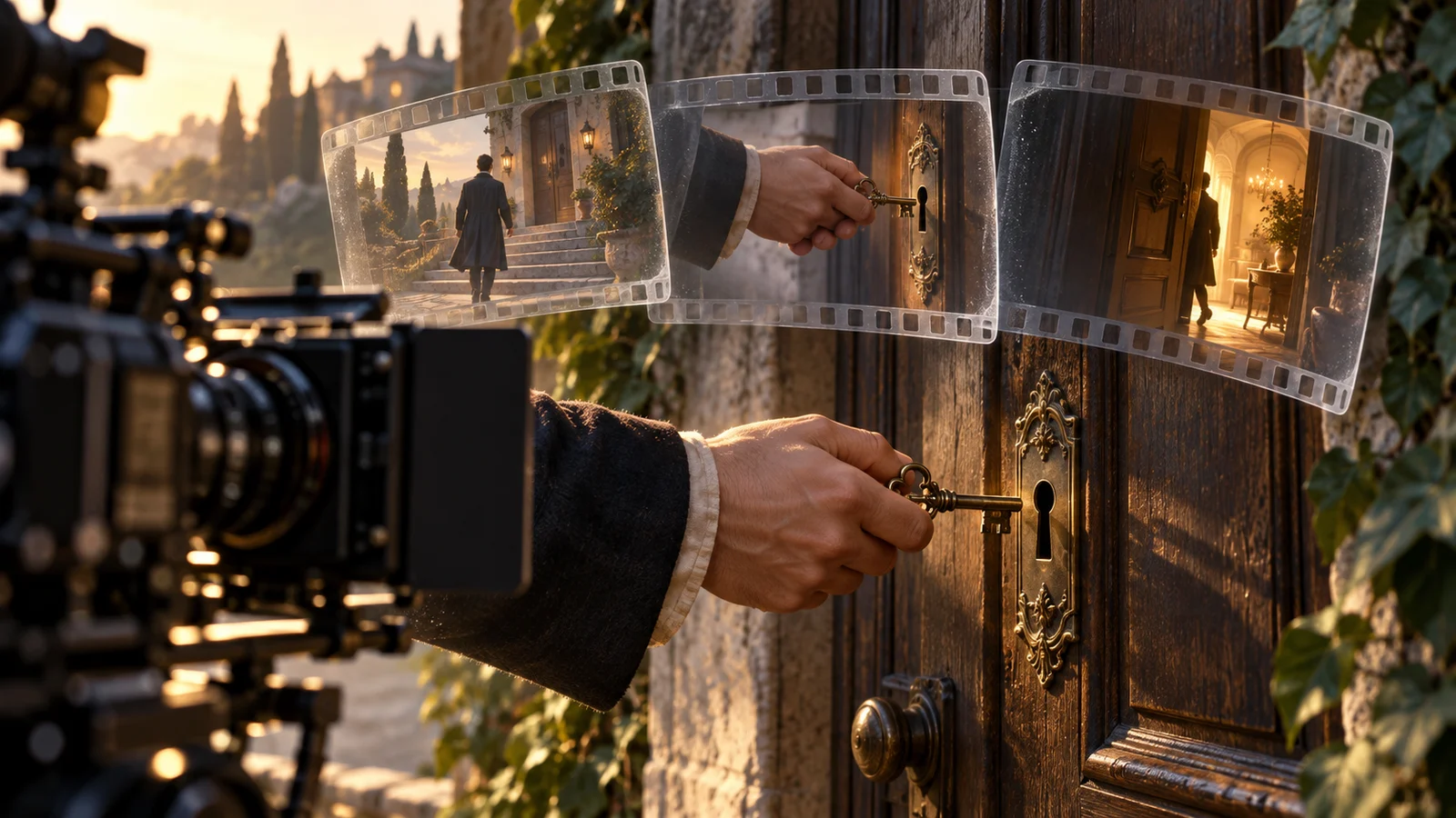 Original cinematic editorial illustration: in a dim corridor, an actor waits outside a closed studio door with a key at waist level while a director beside the camera observes the pose. The lock and the hand that has yet to rise are the visual focus. No text; not a product screenshot.