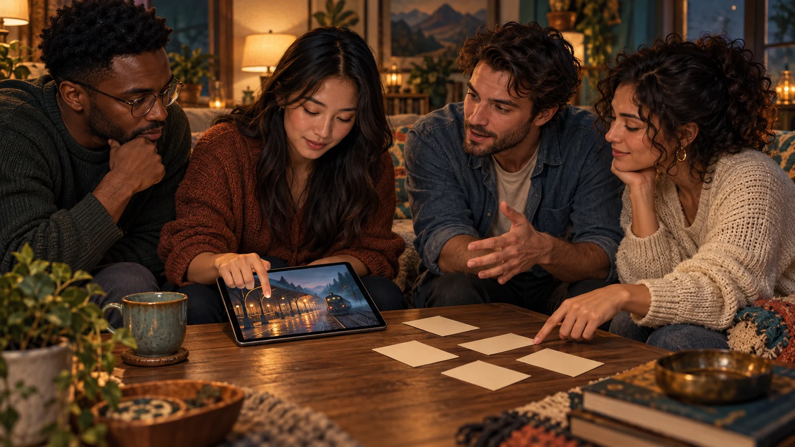 Original cinematic article illustration, no text: four adult friends sit at a living-room table. Only one operates a tablet; others point at blank clue cards. An unbranded fictional station platform on the tablet distinguishes advice from input. Not a product screenshot.