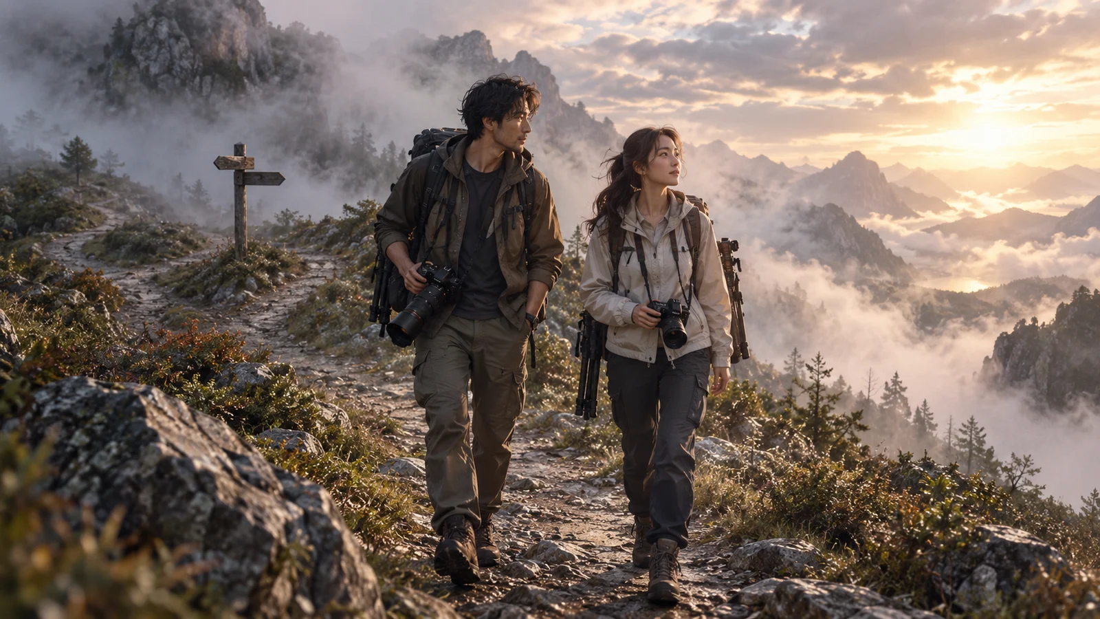 Cinematic editorial illustration: an adult photographer and an adult protagonist carry equipment onto a mountain trail,…