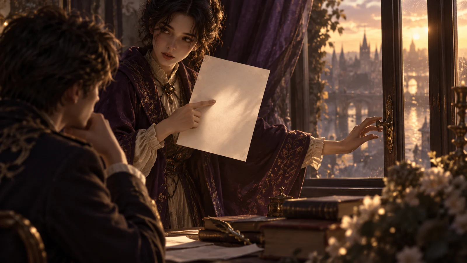 Cinematic editorial illustration: a person stands beside a window, showing a companion a completely blank sheet of paper.
