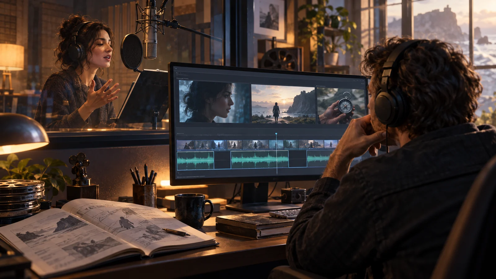 Original cinematic article illustration: in a dim editing room, a producer compares two audio waveforms of different lengths with a station parcel-handover scene. Colored cards on the desk arrange dialogue and waiting segments. No text; not a product screenshot.