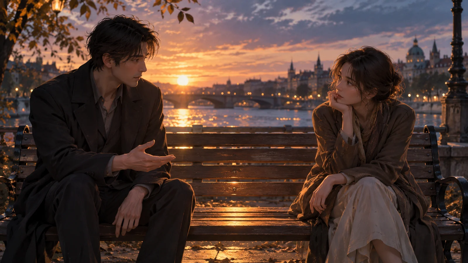 映画のような雰囲気のエディトリアルイラスト。夕暮れの川辺のベンチのそばで、成人の二人が間に距離を残し、一人が率直に話し、もう一人が真剣に耳を傾けている。まだ触れ合っていない二人の手の近くに暖かな光が差す。