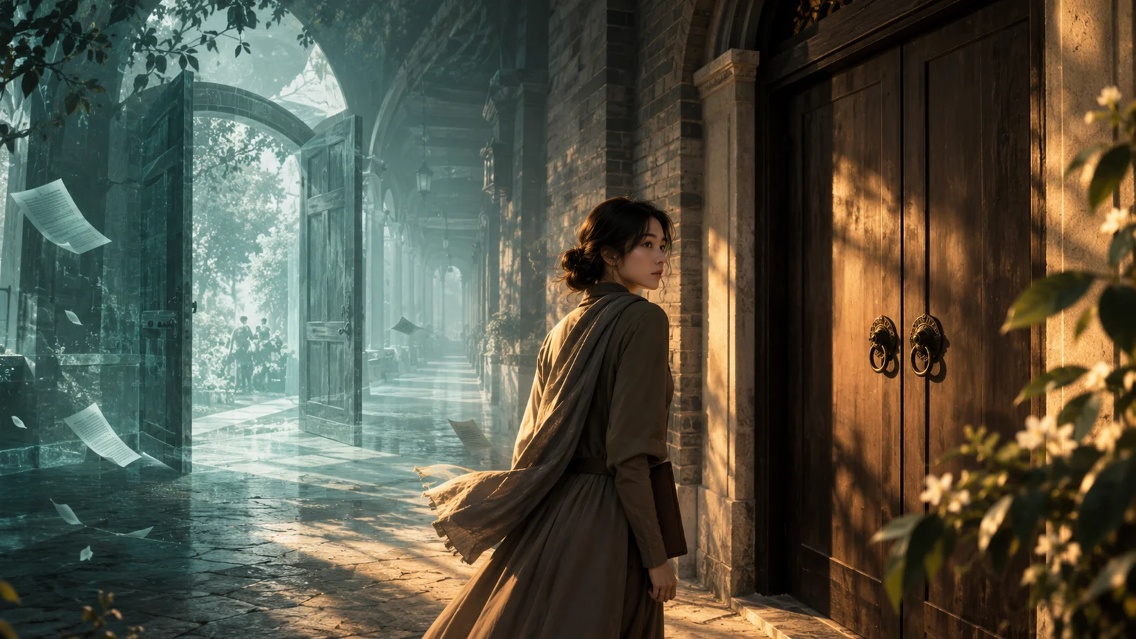 Cinematic editorial illustration: a closed storeroom door in the corridor foreground, with a translucent earlier scene…